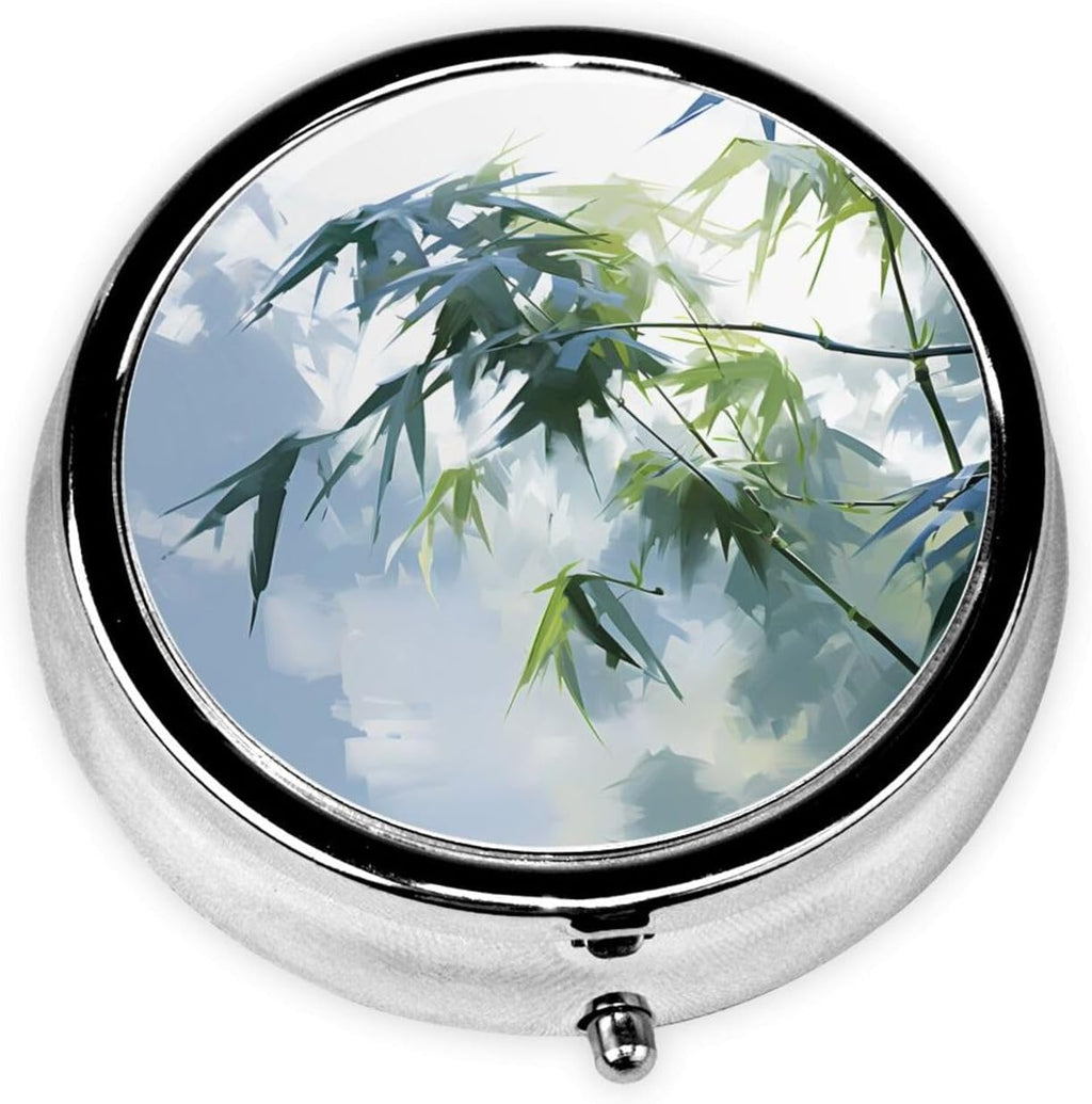 Bamboo Leaves Prints Round Mini Pill Box with 3 compartments for Pill Storage and Portable Travel