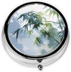 Bamboo Leaves Prints Round Mini Pill Box with 3 compartments for Pill Storage and Portable Travel