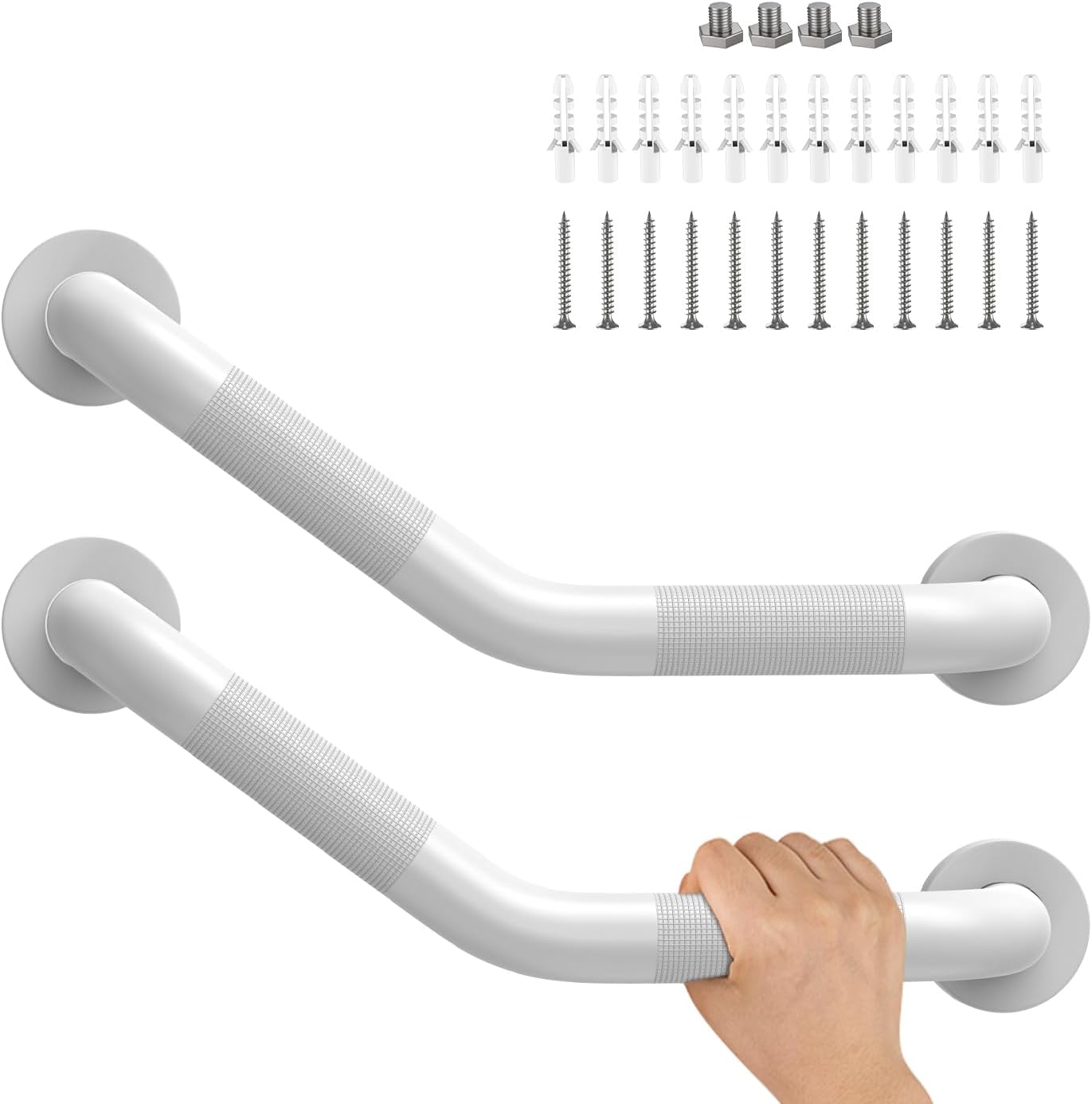 16 Inch Angled Shower Grab Bar White, Munzong 2 Pack Anti Slip Bathroom Grab Bar, Knurled Bathroom Balance Bar,Safety Hand Rail Support Handicap Elderly Injury Senior Assist Bath Handle-1.25” Tube
