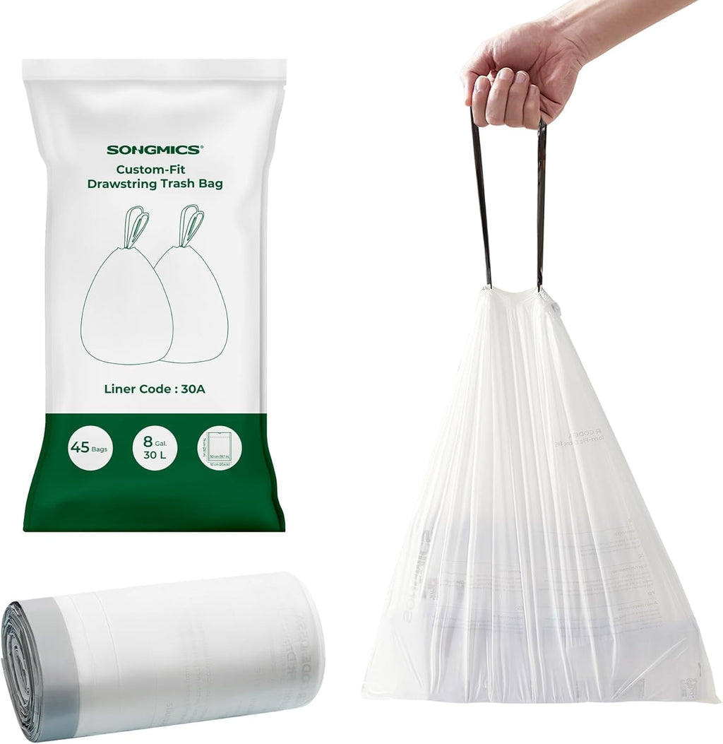 SONGMICS Trash Bags, Drawstring Kitchen Garbage Bags, Pre-Separated, Quick Tear, for 8-Gallon (30 L) Trash Cans, Liner Code 30A, 1 Roll, 45 Count, White UKRB30A