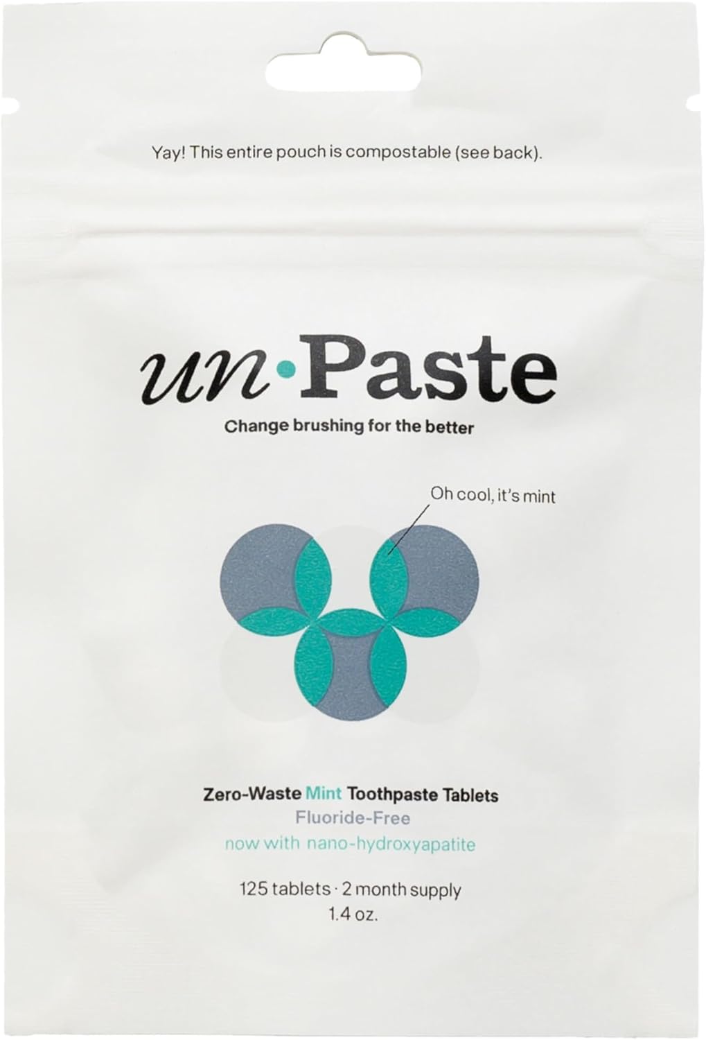 Unpaste Toothpaste Tablets, Fluoride-Free Mint, Remineralizing, Xylitol Free, Resealable, New Formula, Now w/Nano-HYDROXYAPATITE, 125ct/2 mo Supply