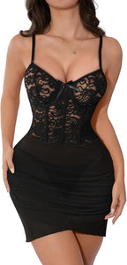 Kolagri Womens Sexy Lingerie Lace Sheer Mesh Bodycon Mini Dress Underwire Ruched Nightgown Set with Thong