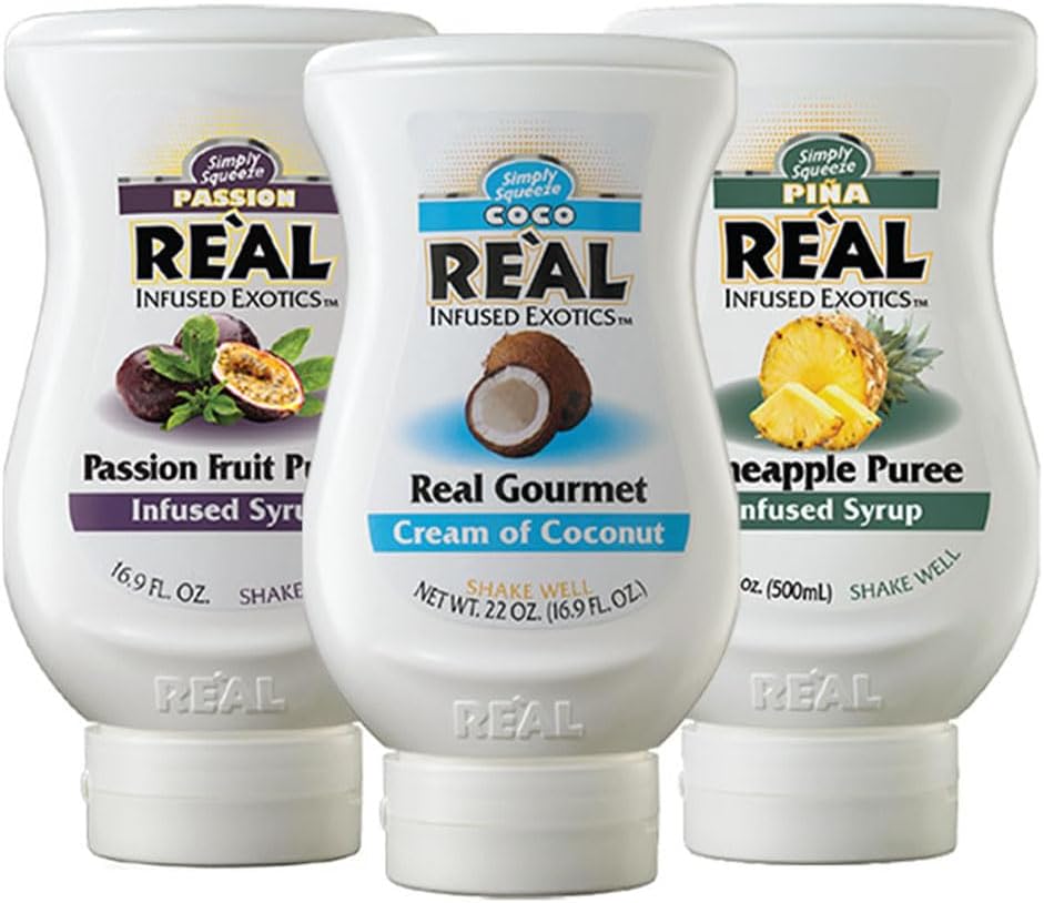 Reàl Infused Exotics Fun in the Sun Essentials Variety Pack: Cream of Coconut, Pineapple, and Passion Fruit (Pack of 3, 16.9 FL OZ Bottles)