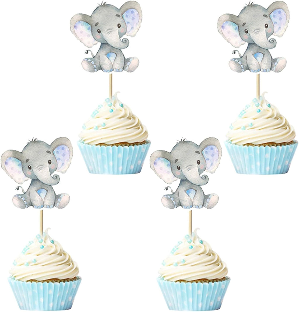 24Pcs Gender Reveal Cupcake Toppers Blue Elephant Cupcake Picks for Elephant Theme Baby Shower Kids Boy or Girl Birthday Party Decorations Supplies
