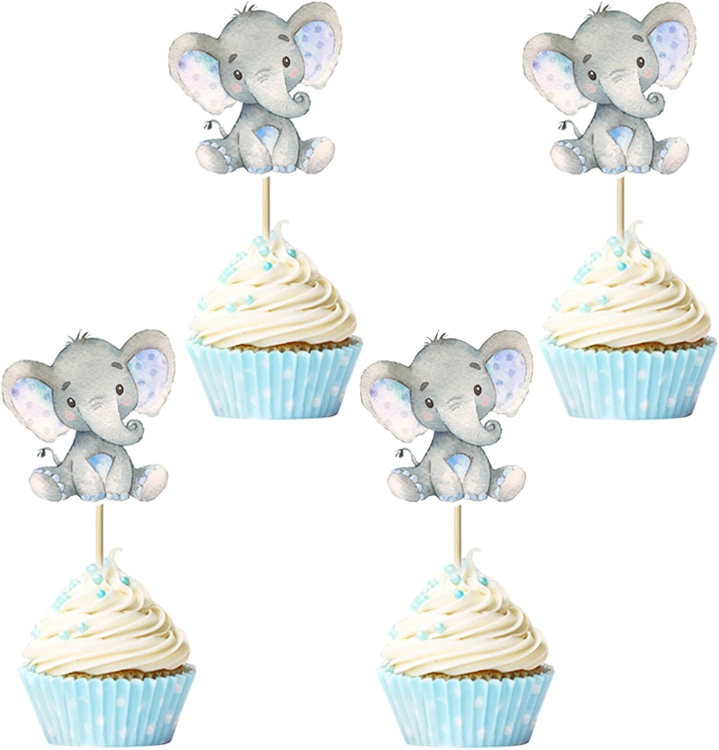24Pcs Gender Reveal Cupcake Toppers Blue Elephant Cupcake Picks for Elephant Theme Baby Shower Kids Boy or Girl Birthday Party Decorations Supplies