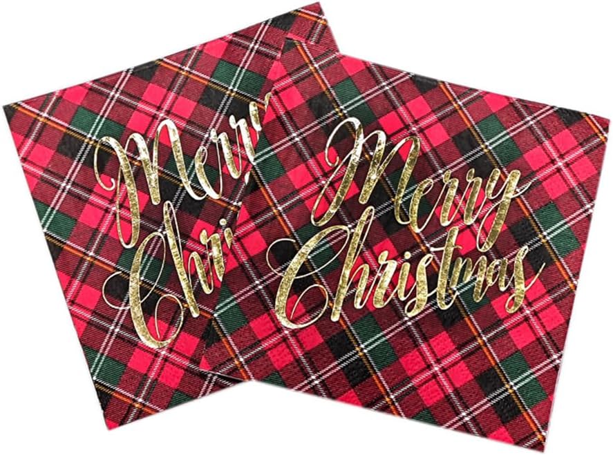 20 Pcs Buffalo Plaid Christmas Paper Napkins Disposable Beverage Cocktail Napkins Foil Gold Napkins Tableware Serviettes Luncheon Dinner Napkin Merry Christmas Party Decor