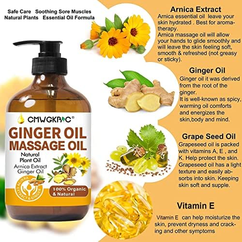 Ginger Oil,Ginger Massage Oil for Lymphatic Drainage,Natural Body Oil for Skin,Arnica Oil,Sore Muslce Massage Oil,Spa Ginger Oil-Warming and Relaxing for Mothers Day Gifts for Wife,Fathers Day Gift