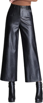 Lucrosun Women's Elastic High Waist Wide Leg Faux Leather Pants Palazoo Trousers