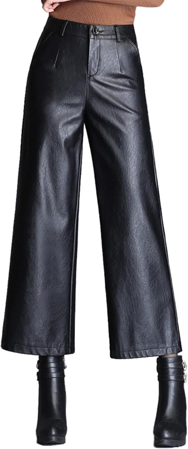 Lucrosun Women's Elastic High Waist Wide Leg Faux Leather Pants Palazoo Trousers