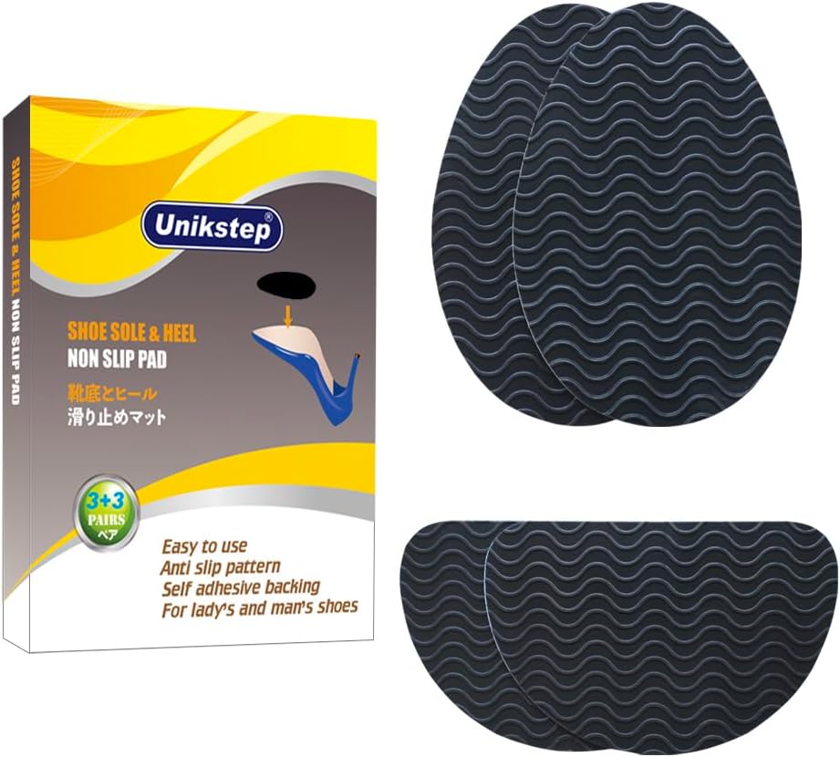 UNIKSTEP 6 Pairs (12 Pieces) Shoe Sole Non Slip Pads, Anti Skid Self Adhesive Rubber Grips, Shoe Bottom Front Sole and Heel Noise Reduction Protector Cushions (Black with Wave Pattern)