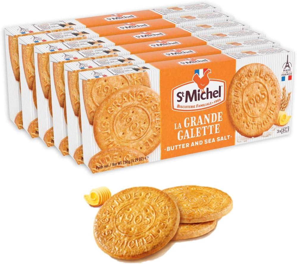 St Michel Grandes Galettes Butter Cookies Biscuits with Sea Salt 5.29oz, Pack of 6, Made in France, Non-GMO Pure Butter Cookies