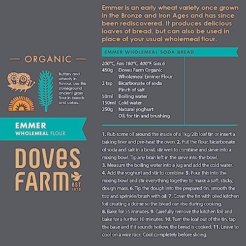 Doves Farm Organic Stoneground Wholemeal Emmer Flour 2.2 lb (1 kg) - High Protein Ancient Grain Emmer Whole Wheat, British Baking Flour for Breads & Cakes, Kosher & Vegan, Imported from UK