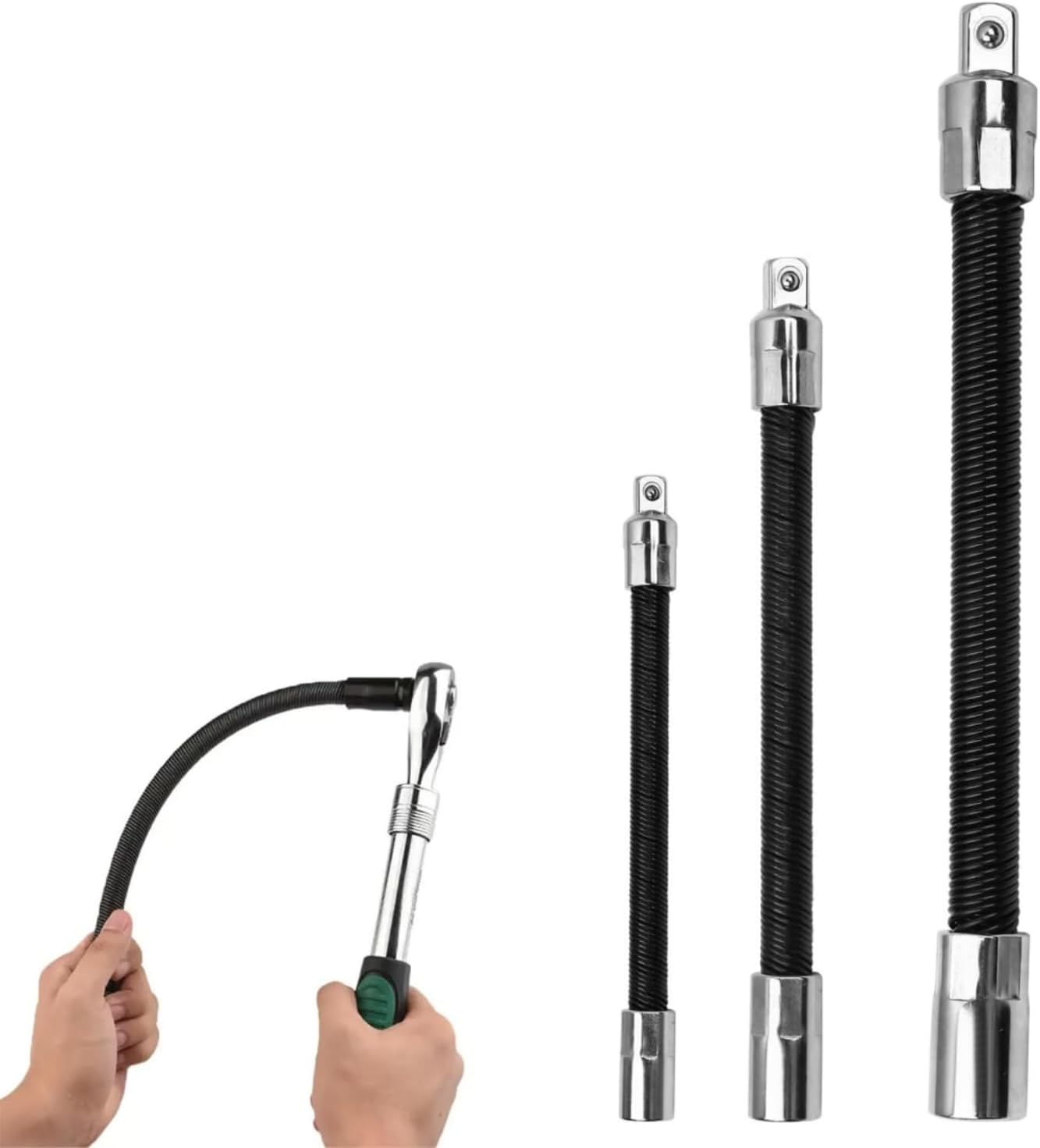 3-Piece Flexible Socket Extension Set – 1/4", 3/8", 1/2" Shaft Drive 10" 8" 6", 45° Bend – Flexible Drill Extension for Tight Spaces (Black, 1/2" 1/4" 3/8")