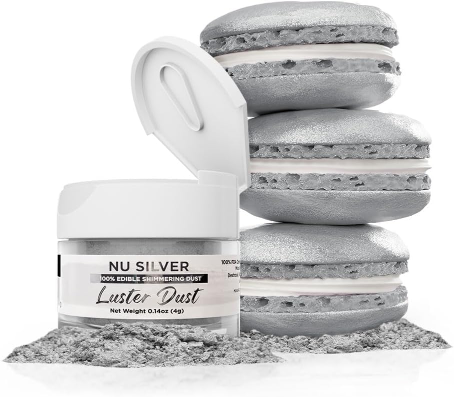 Luster Dust - Nu Silver (4g 1x Jar) | Edible Vegan Dust & Paint for Cake Decorating, Ice Cream, Desserts, Cocktails and Beverages by Bakell