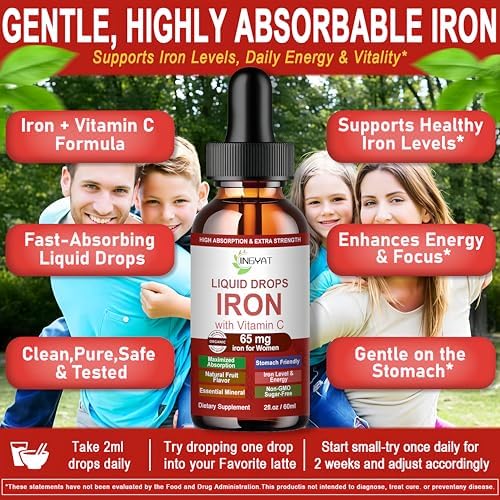 Iron Supplement Liquid Drops, High Absorption Iron Supplement for Women 65 mg, Liquid Iron for Red Blood Cell Support*, Vegan Essential Mineral Iron Drops with Vitamin C, Non-GMO, 30 Servings