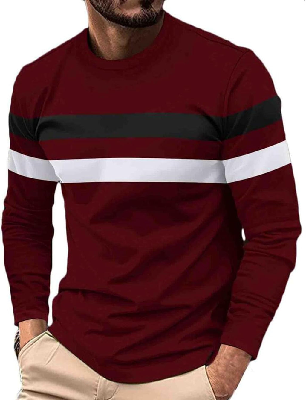 Men's Long Sleeve Tee Shirts Color Block Striped Tee Pullover Casual Round Neck Basic Shirts Fitness Sports Tops