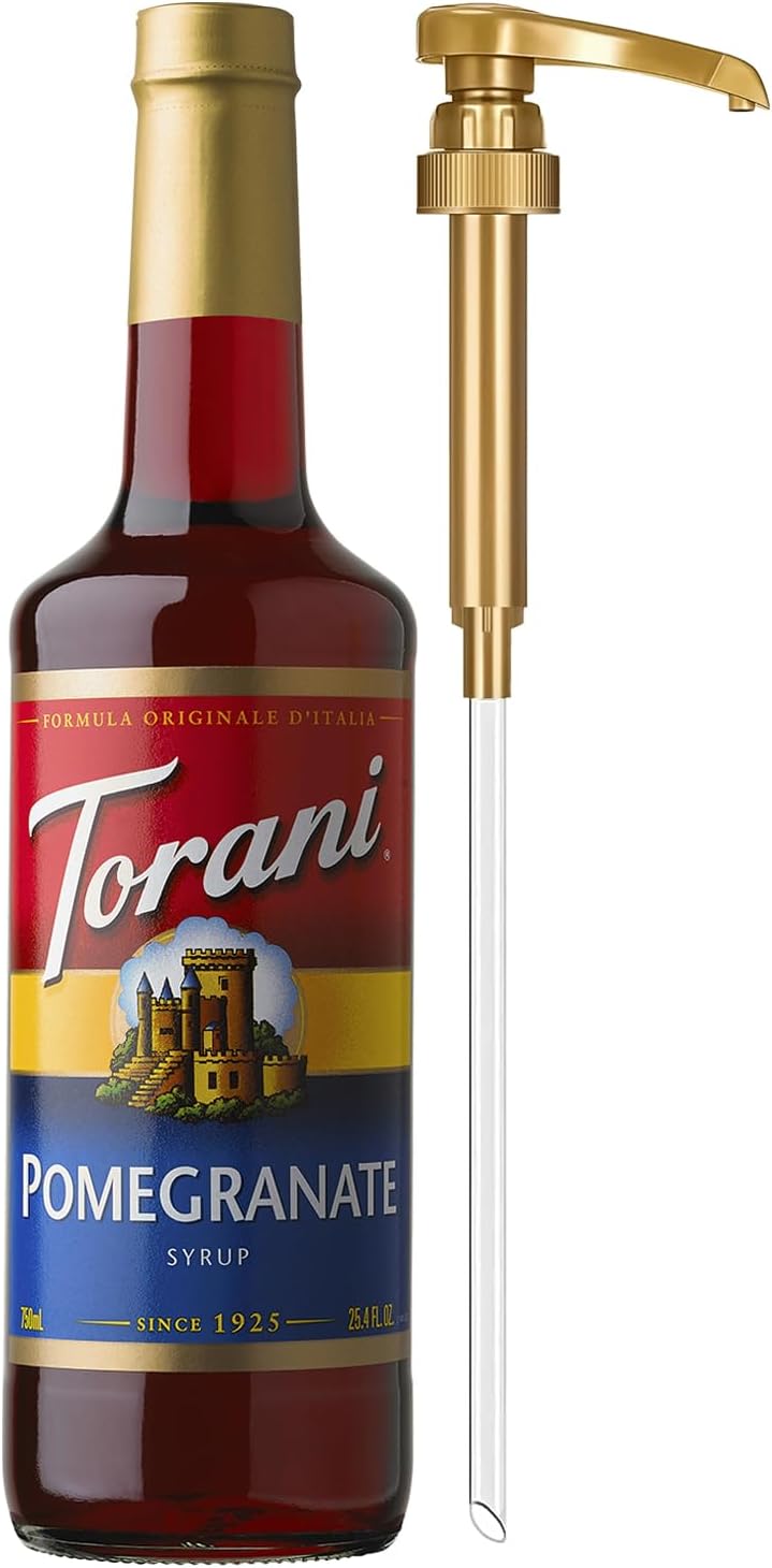Torani Pomegranate Syrup for Drinks, Flavoring for Iced Tea, Lemonade, Sodas, and Cocktails, Glass Bottle with Pump Included, 25.4 Fl Oz