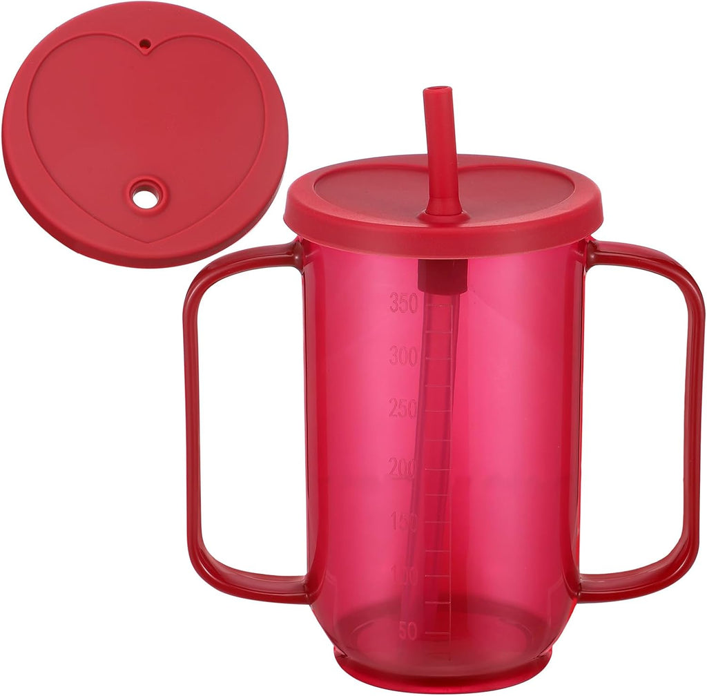 Sliner Adult Sippy Cups for Elderly 12 oz Straw Sippy Cups with 2 Handles No Spill for Adults Spill Proof Dysphagia Cup for Disabled Patients(Red)
