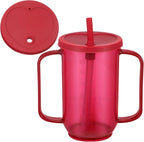 Sliner Adult Sippy Cups for Elderly 12 oz Straw Sippy Cups with 2 Handles No Spill for Adults Spill Proof Dysphagia Cup for Disabled Patients(Red)