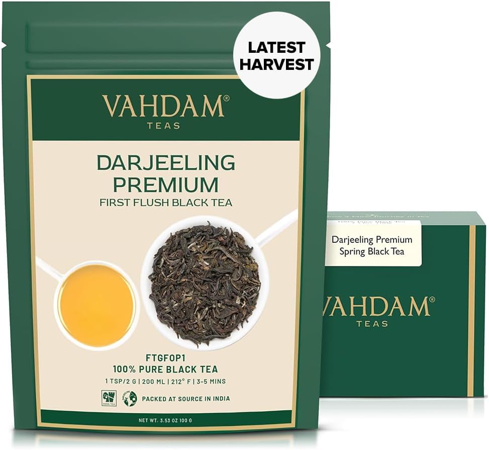 VAHDAM, First Flush Darjeeling Tea - 50 Cups (3.53oz) | Loose Leaf Black Tea - Flowery, Aromatic & Delicious | Picked, Packed & Shipped Direct From India | Champagne Of Teas | Mellow & Fragrant
