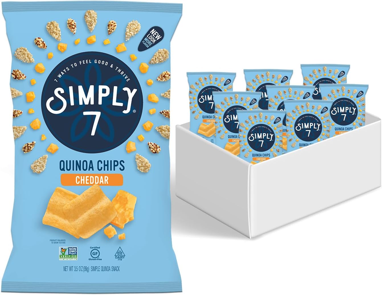Simply 7 Quinoa Chips Cheddar, Gluten-Free Vegan Snack, Low Calorie Plant-Based Protein Crunch, Nut-Free Veggie Treat, Healthy Chip Variety, Non-GMO Vegetable Crisp, 8 Pack, 3.5oz Each