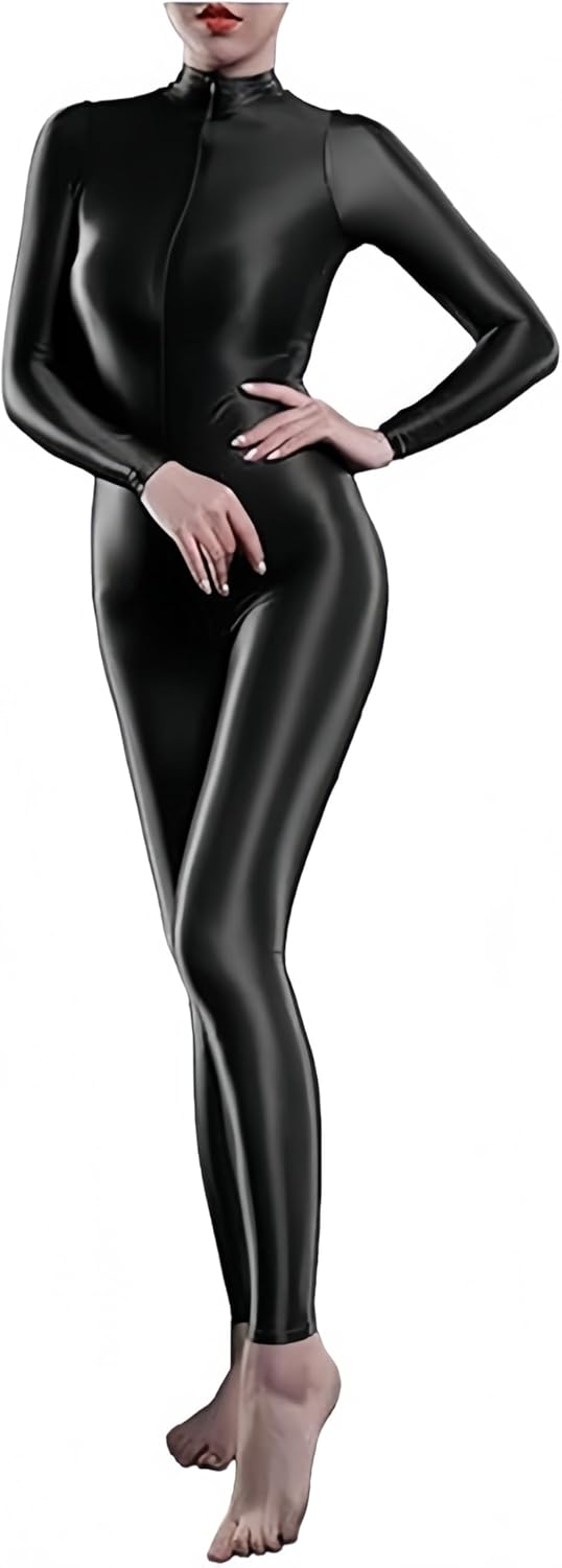 xinxin Woman's Sheer Shiny Elastic Bodystocking Lingerie High Neck Long Sleeve Zipper Crotch Bodysuit Catsuit
