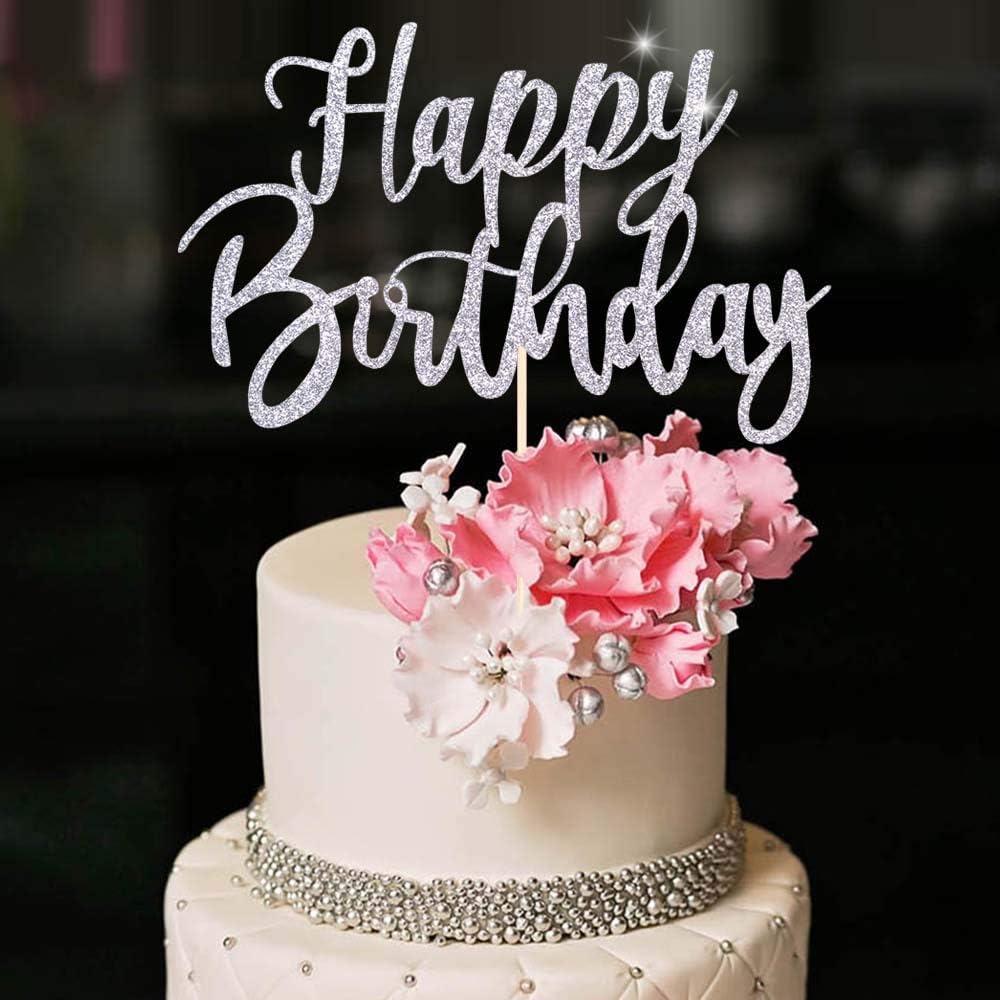 Handmade Glitter happy birthday Cake Topper, Happy Birthday Cake Bunting Decor, Party Decoration Supplies (Silver)