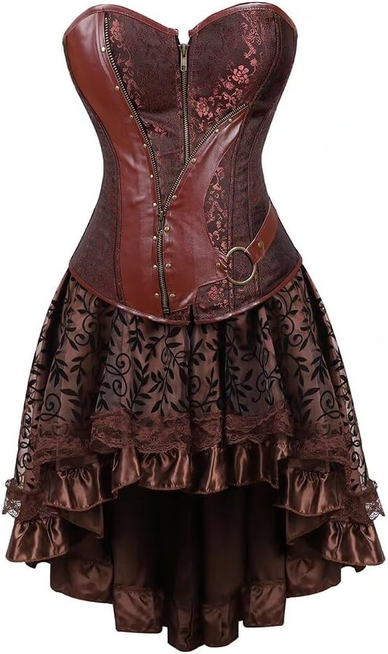 Corset Dress Skirt Tutu Set Women Steampunk Gothic Punk Bustier Pirate Costume Halloween Brown