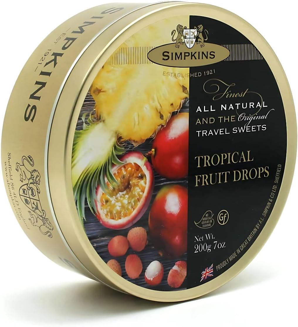 Simpkins Tropical Fruit Drops - Fruit Hard Candy in a Tin - All Natural British Sweets & Old Fashioned Candy - Tropical Fruit Candy in English Candy Drops Tin Without Artificial Flavor (7 oz)