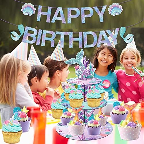 Large 3-Tier Mermaid Cupcake Stand 12Inch Cardboard Cupcake Tray for Wedding Birthday Baby Shower Mermaid Birthday Party Supplies