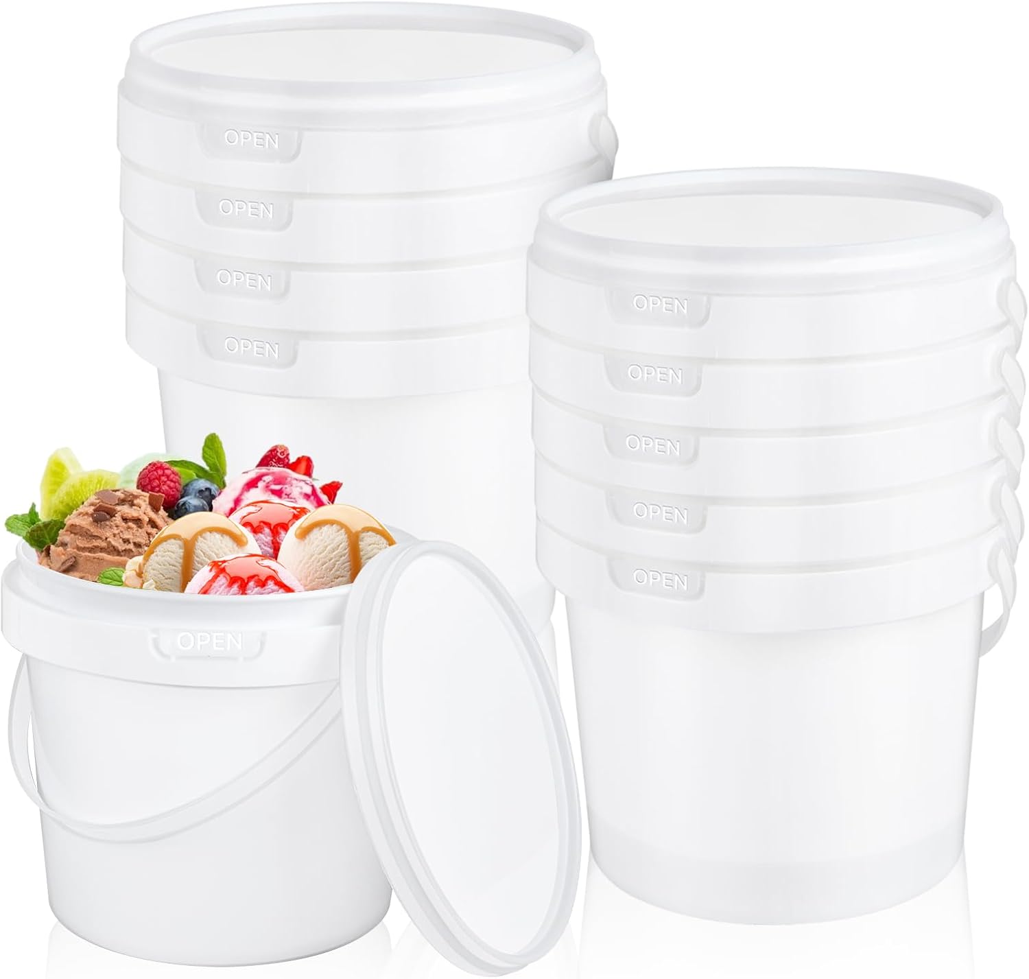 10 Pack White Plastic Bucket with Handle and Lid, 1.5 Quart Ice Cream Containers, Food Grade Freezer Storage Tubs Bucket, Pail Container with Lid Small Bucket with Lid for Fruit Deli Food