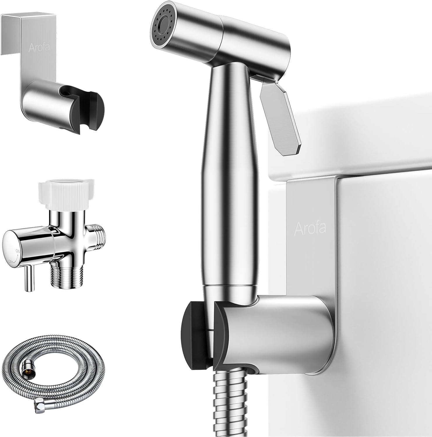Arofa Handheld Toilet Bidet Sprayer for Toilet-Adjustable Water Pressure Control with Bidet Hose for Feminine Wash, Stainless Steel Brushed Nickel Bidet Faucet Cloth Diaper for Baby Wash
