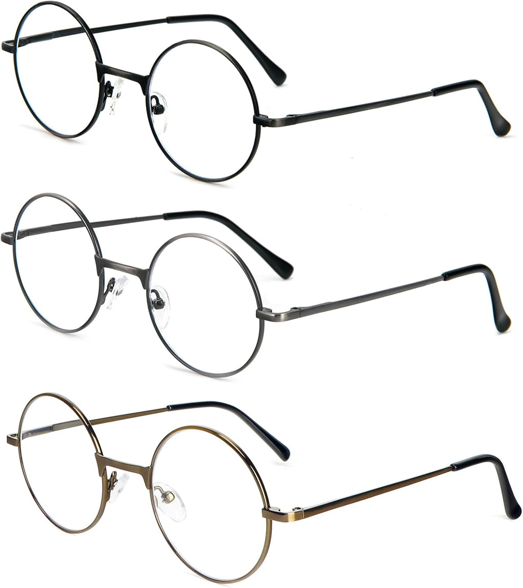 3 Pack Round Frame Reading Glasses Blue Light Blocking Reader Metal Full Frame Retro Glasses