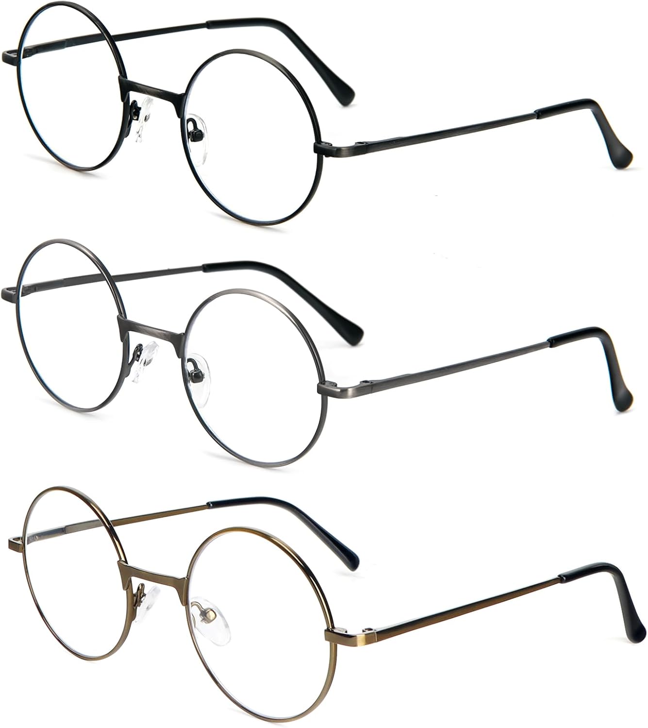 3 Pack Round Frame Reading Glasses Blue Light Blocking Reader Metal Full Frame Retro Glasses