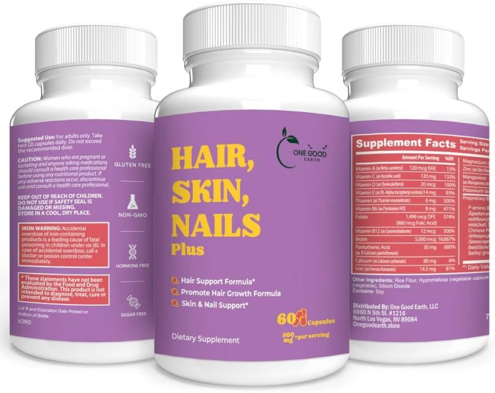 Hair, Skin & Nails Plus (60 Capsules) 500mg+ with Biotin, Vitamins & Minerals, Saw Palmetto with Vitamins A, C, D and E