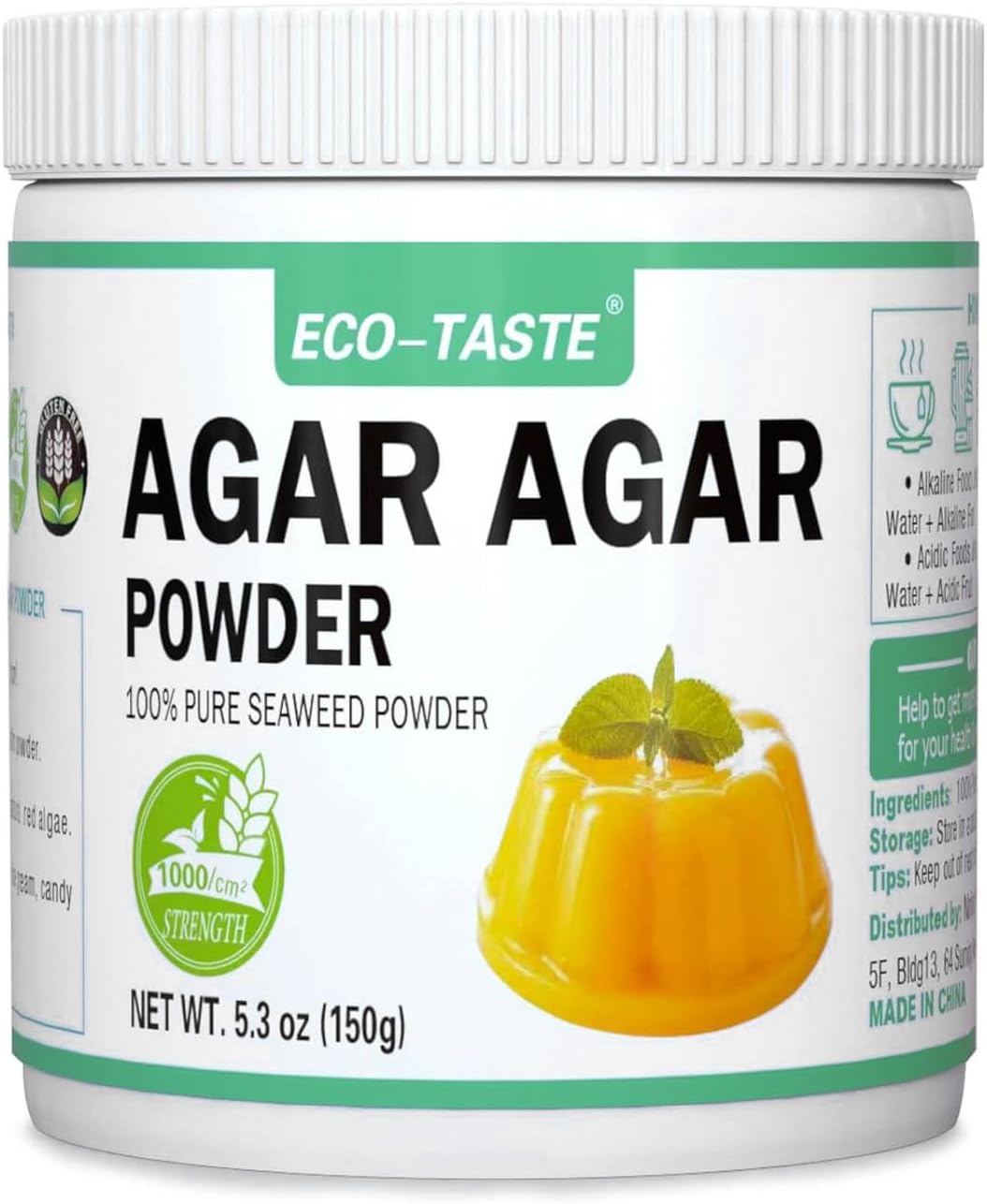 Agar Agar Powder 1000 Strength, 100% Natural Seaweed, Vegan Gelatin Substitute, Gluten-free, Non-GMO, Planted-Based, Unflavored, 5.3 oz (150g)