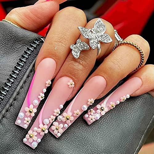3D Flower Nail Charms, 2 Boxes 3D Acrylic Flower Nail Art Charms and Gems White Pink Mixed Cherry Blossom Spring Rhinestones Acrylic Nail Supplies with Pearls Manicure DIY Nail Decorations