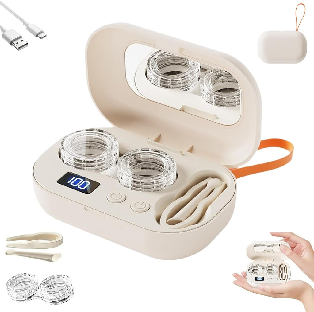 Portable Rechargeable Ultrasonic Contact Lens Cleaner Case, Compact Deep Cleaning Device, Contact Lens Cleaner Machine with 3-Minute Cycle, Mirror & Tweezers for Travel, Office (1Pcs)