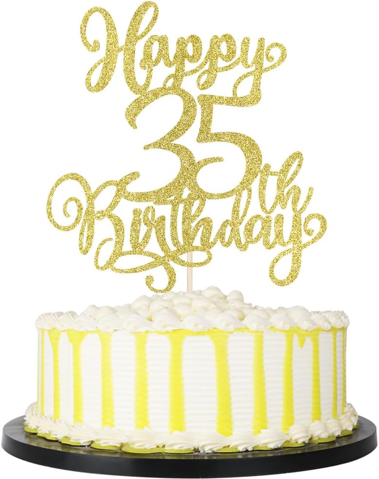 PALASASA 1 PCS Happy 35th Birthday Cake Topper-Gold Glitter Cheers to 35 Years Birthday Cake Pick 35 Fabulous Cake Decoration,Happy 35th Birthday/Anniversary Party Cake Decorations (Gold 35th)