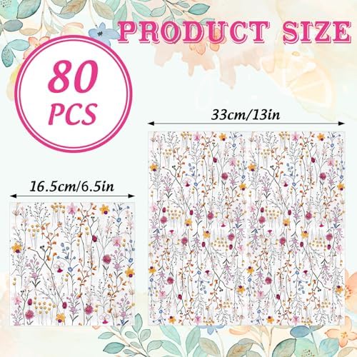 Whaline 80 Pcs Flower Paper Napkins Wildflower Luncheon Napkin Disposable Floral Party Decorative Dinner Hand Napkin for Spring Wedding Birthday Party Supplies