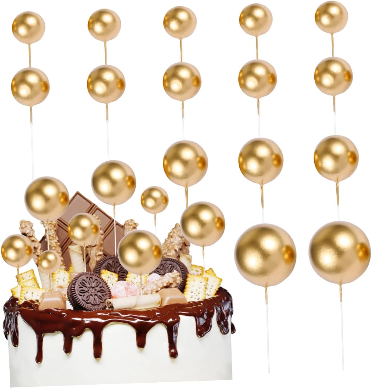 Amosfun 20Pcs Mini Balloons Cake Topper Foam Ball Cupcake Topper Cake Picks Baking Decoration for Wedding Anniversary Valentines Day Birthday Party(Golden)
