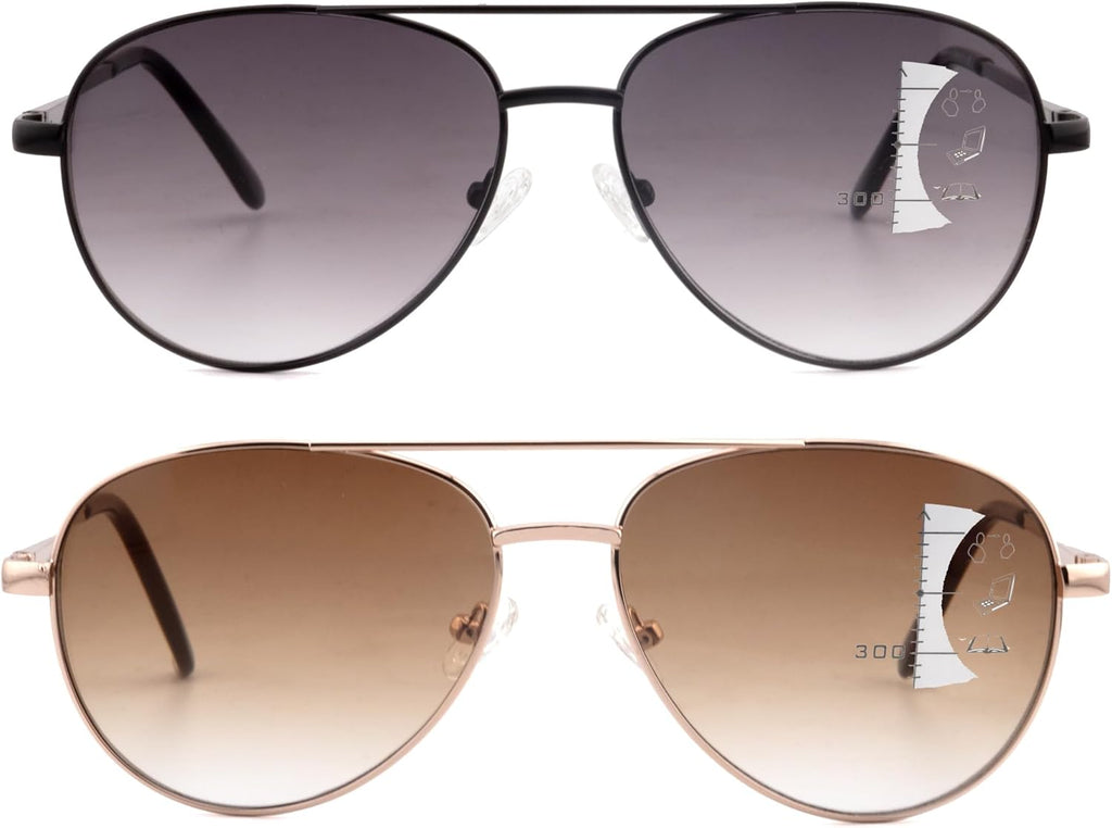 Progressive Sunglasses With Gradient Colour Lens,Classic Men's Command Aviator Metal Reading Glasses