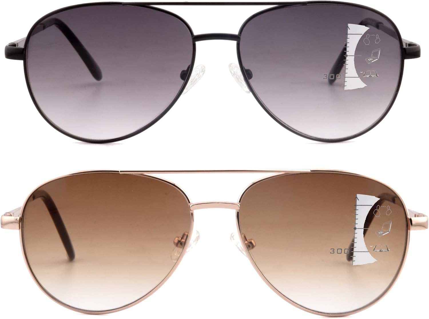 Progressive Sunglasses With Gradient Colour Lens,Classic Men's Command Aviator Metal Reading Glasses