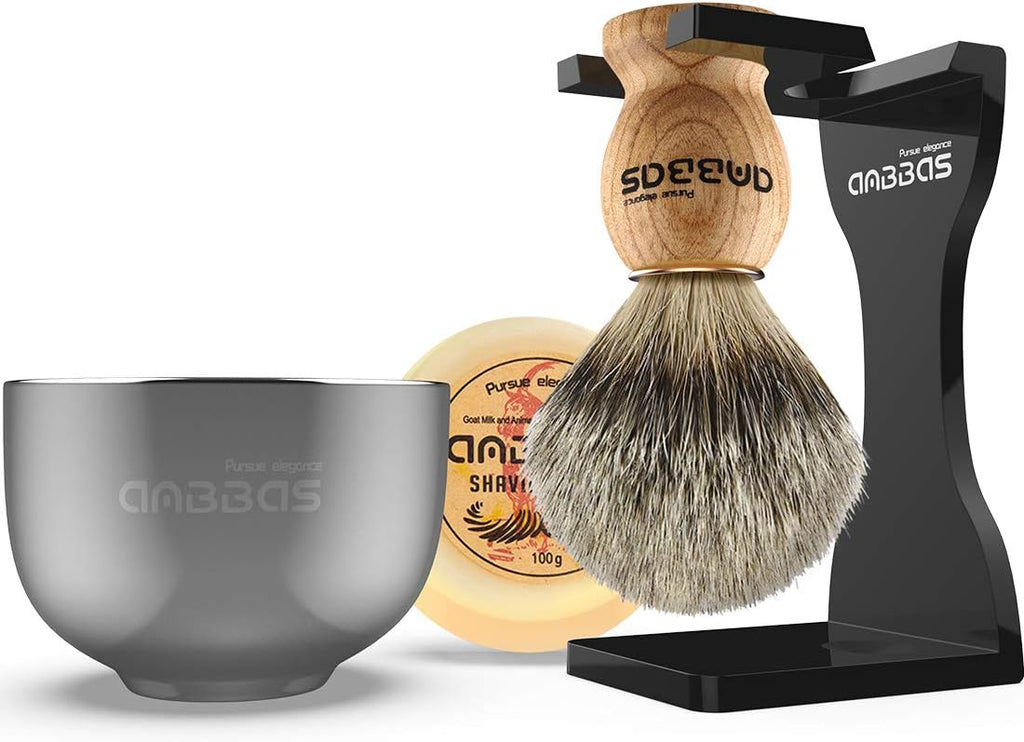 Anbbas Pure Badger Hair Shaving Brush Solid Manchurian Ash Wood Handle,Black Broken-Resistant Acrylic Shaving Stand,Stainless Steel Shaving Bowl Dia 3.2 inch and Goat Milk Soap 100g 4IN1 Set for Men