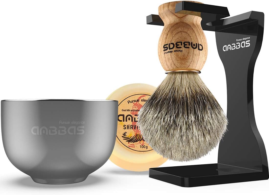 Anbbas Pure Badger Hair Shaving Brush Solid Manchurian Ash Wood Handle,Black Broken-Resistant Acrylic Shaving Stand,Stainless Steel Shaving Bowl Dia 3.2 inch and Goat Milk Soap 100g 4IN1 Set for Men