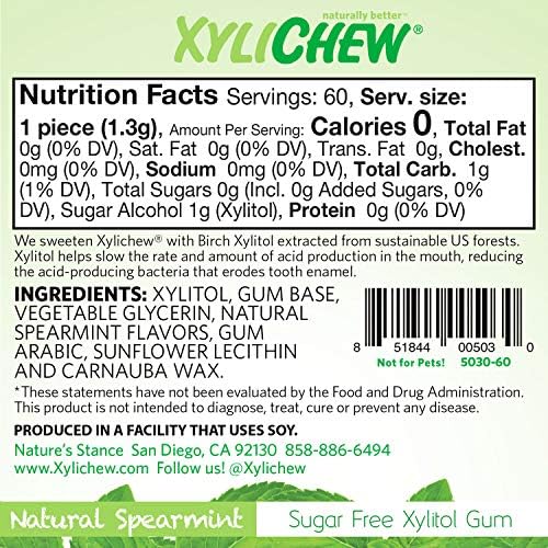 Xylichew Xylitol Gum - Chewing Gum Sugar Free, Aspartame Free, Gluten Free, Keto - Sugarless, Healthy, Natural Oral Care - Relieves Bad Breath and Dry Mouth - Spearmint, 60 Count