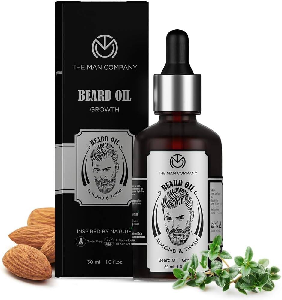 The Man Company 100% Natural Beard Oil for Men with Almond Oil, Thyme, Argan, and Jojoba Oil for Faster Beard Growth - 1.1 Oz | Beard Conditioner Oil, Softens & Strengthens Beards and Mustaches