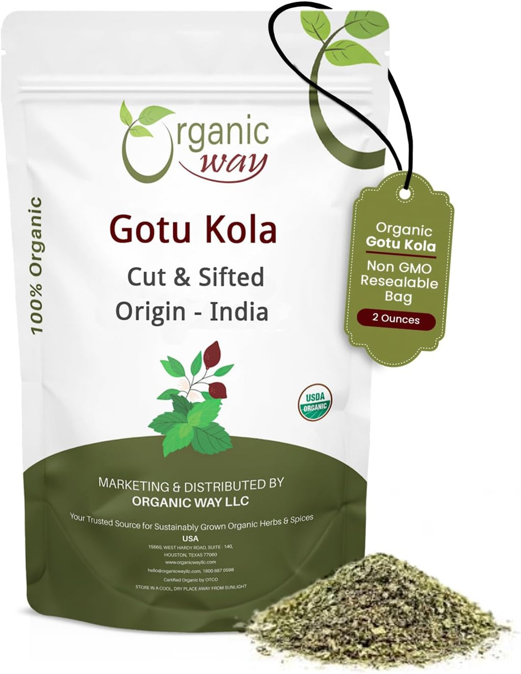 Organic Way Dried Gotu Kola Cut & Sifted (Centella asiatica) - Kosher & USDA Certified | Vegan, Non-GMO & Gluten Free | Tested for Heavy Metal and Purity | Resealable Bag | 100% Raw from India (2 Oz.)