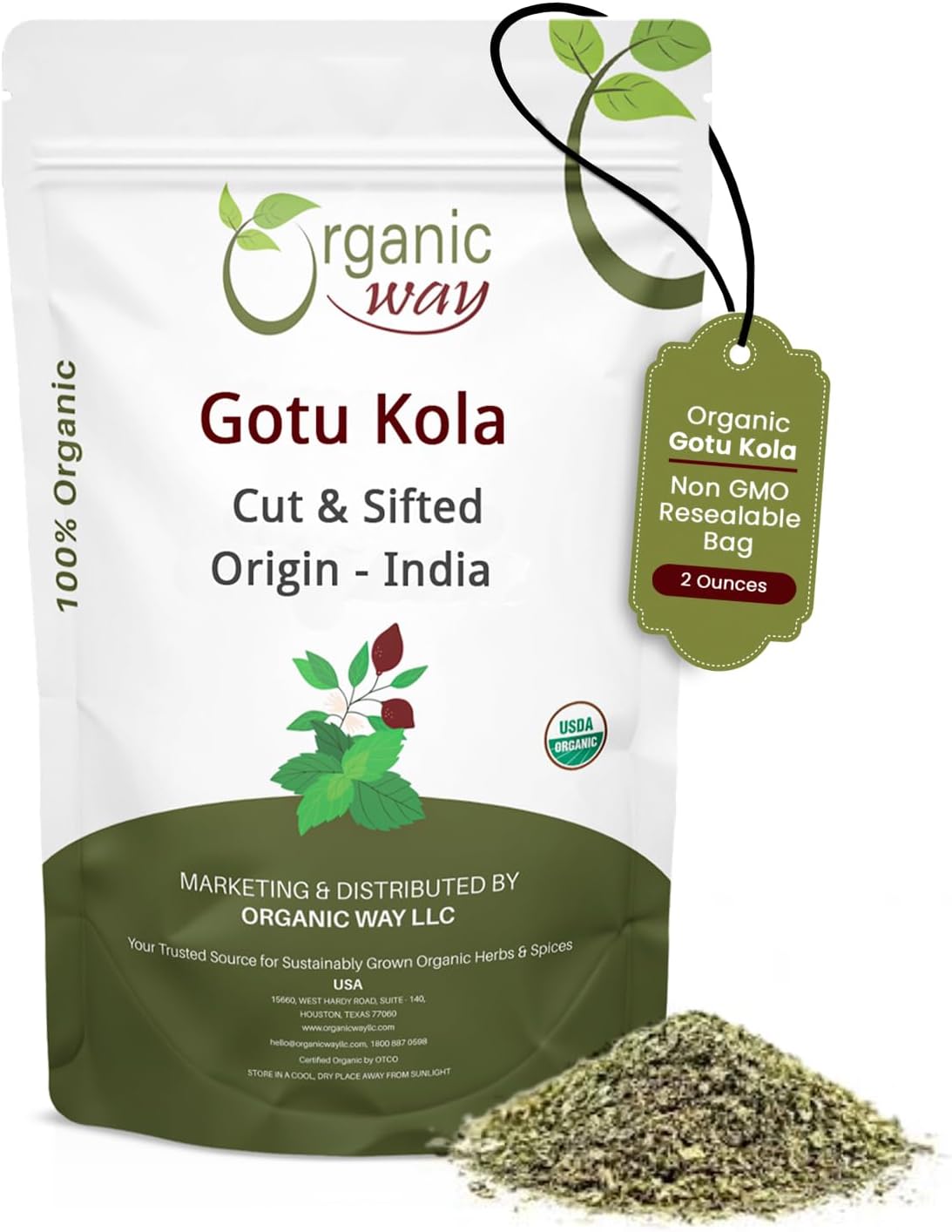Organic Way Dried Gotu Kola Cut & Sifted (Centella asiatica) - Kosher & USDA Certified | Vegan, Non-GMO & Gluten Free | Tested for Heavy Metal and Purity | Resealable Bag | 100% Raw from India (2 Oz.)