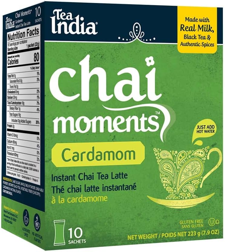 Tea India Chai Moments Cardamom Chai Tea Instant Latte Mix Flavorful Blend Of Premium Black Tea, Cardamom & Natural Ingredients Traditional Indian Tea Individually wrapped 10 Sachets